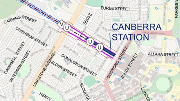 The proposed location of a Canberra high-speed rail station. (U = under road, V = vent)