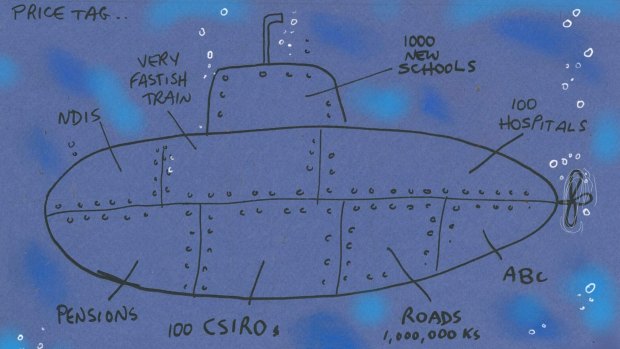 Alan Moir  colour cartoon / illo / illustration / toon / artwork
editorial cartoon for 27 April 2016

Captioned: PRICE TAG
A sketch of a submarine, broken up into sections with different labels that read: "NDIS, very fastish train, 1000 new schools, 100 hospitals, ABC, Roads - 1,000,000 ks, 100 CSIROs, Pensions."

Budget / finance / economy / economics

Context: France wins $50b contract to help build Australia?s new submarines