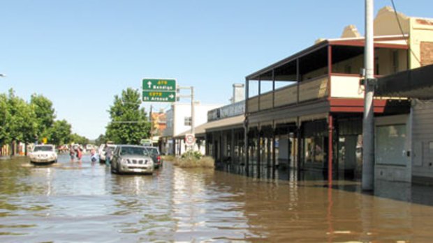 The Avoca River covers the Calder Highway as it passes through Charlton, in the Wimmera.