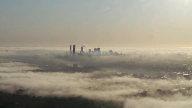 Fog over Brisbane this morning from the Australian Traffic Network helicopter. Photo: Penny Dahl, Australian Traffic Network via Twitter