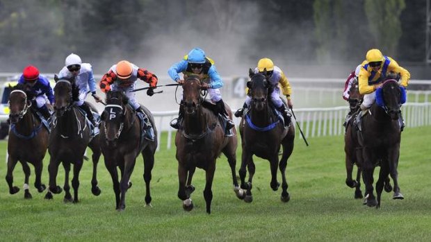 Moorings Capital ridden by Jason Devrimol, centre, makes his break to win the ACTTAB open handicap at Thoroughbred Park.