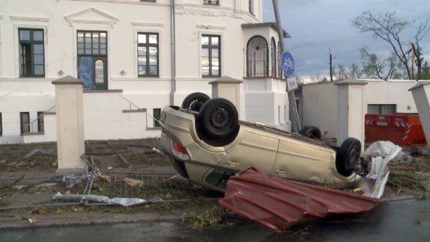Cars were overturned when the tornado hit the small town of Buetzow.