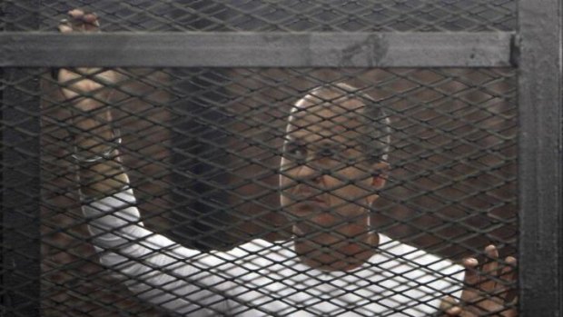 Australian journalist Peter Greste stands in a metal cage during his trial in a Cairo court.