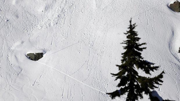 In this January 11 photo, a pair of diagonal lines left by a skier cross dozens of lines left by "roller balls," are a warning sign of avalanche terrain.
