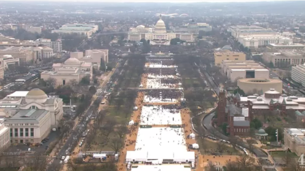 An aerial view of sparse crowds on the national mall at Donald Trump's inauguration.