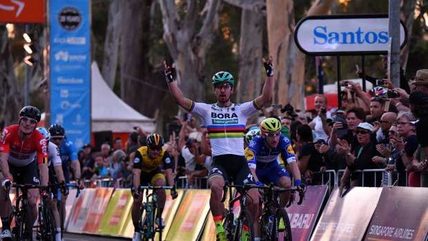 Tour threat: Peter Sagan celebrates his win in the People's Choice Classic at the Tour Down Under cycling event in Adelaide.