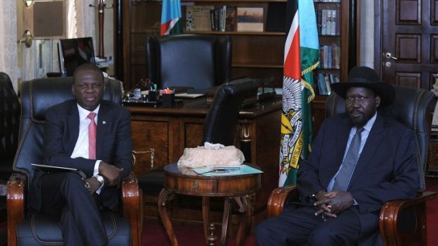 South Sudan's President Salva Kiir (right) receives Nigeria's acting Foreign Minister Nurudeen Mohammed at his office in Juba.