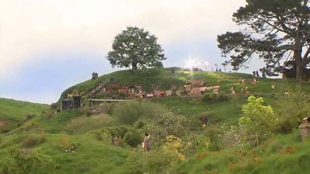 On set in New Zealand for the filming of Peter Jackson's <i>The Hobbit</i>.
