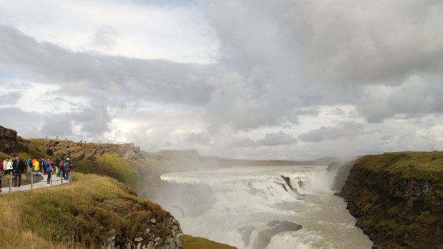 Double vision: Water thunders over the two tiers of the Gullfoss waterfall.