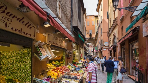  Produce stalls  in the historic Quadrilatero market district of Bologna offer a tempting range.
