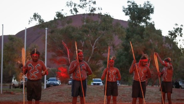 Mutitjulu men perform during the opening ceremony of the First Nations National Convention in Uluru.
