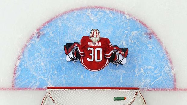 Canadian goalie Malcolm Subban looks up during the game against Slovakia in an IIHF World Junior Championships ice hockey game.