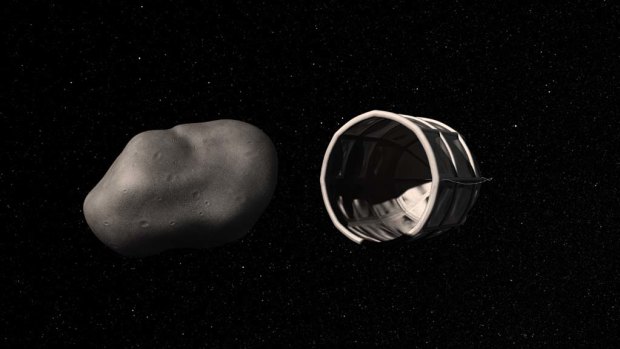 A conceptual rendering of a spacecraft preparing to capture a water-rich, near-Earth asteroid.
