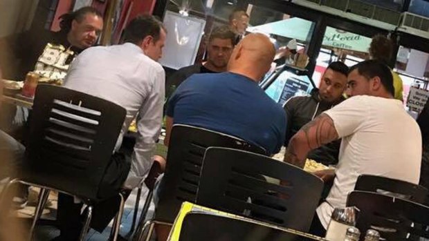 Table talk: Knights football manager Darren Mooney and coach Nathan Brown had dinner with Andrew and David Fifita and their management in a Newcastle cafe.