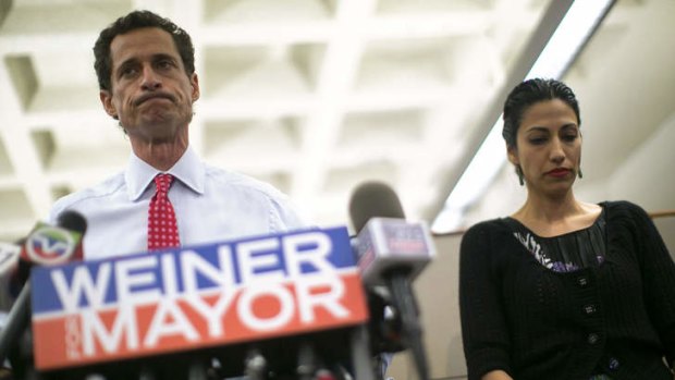Disgraced: Anthony Weiner, pictured with his wife Huma Abedin.