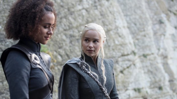 He put his what where? Missandei (Nathalie Emmanuel) and Daenerys (Emilia Clarke) have a Sex and the City moment.