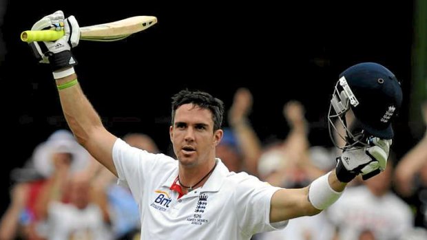 Double ton: Kevin Pietersen celebrates his milestone at Adelaide in 2010.