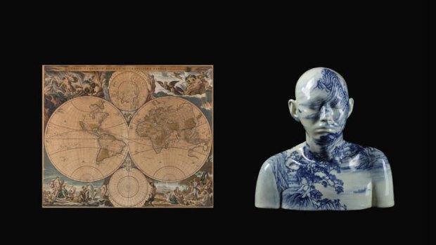 Left: <i>Orbis Terrarum Nova et Accuratissima Tabula</i>, 1658, Nicolaes Visscher and Nicolaes Berchem. Right: <i>China China - Bust</i> 82, 2004, Ah Xian.