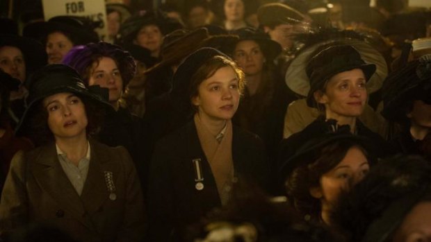 Helena Bonham Carter, Carey Mulligan and Anne-Marie Duff in the film <i>Suffragette</i>. 