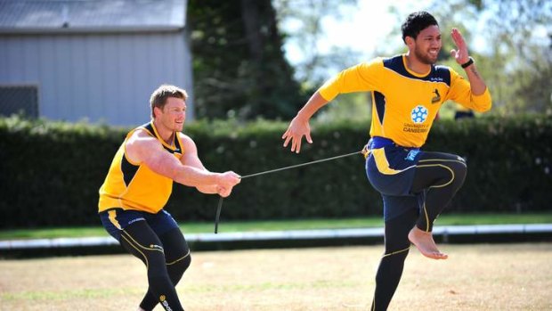 Christian Lealiifano trains with Clyde Rathbone during the Brumbies' pre-season.
