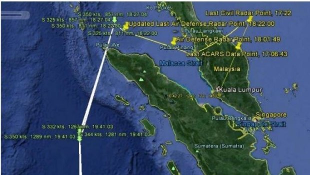 The initial flight path MH370, according to radar and satellite data.