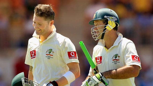 Michael Clarke and Ricky Ponting enjoy their Adelaide feats.