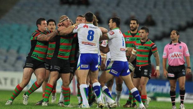 David Shillington, No. 8, gets into a scuffle with some Rabbitohs players on Friday night.