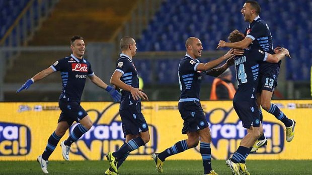 Hugo Campagnaro (second right) celebrates with teammates after scoring against  Lazio.