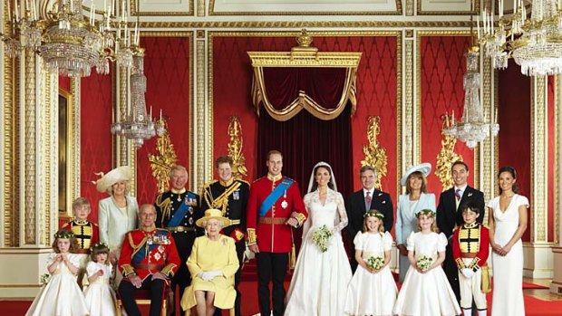 The royal wedding group pose for an official photo.