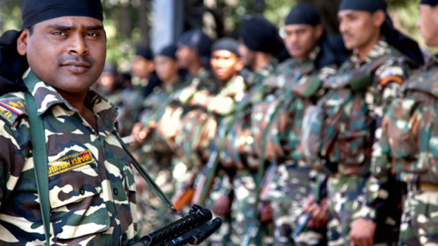 Indian soldiers on patrol at the Hockey World Cup in New Delhi.