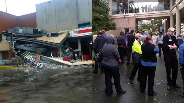 Partial collapse ... (left) an image of the collapse posted on Twitter by @ashmmmm via Tom Harris and (right) people waiting outside the centre after being evacuated in an image by @gcalacouris on Twitter.