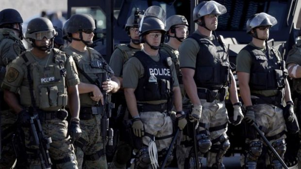 Police in riot gear in Ferguson, Missouri.