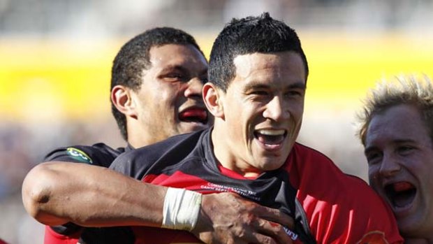 Sonny Bill Williams of Canterbury celebrates with team mates Robbie Fruean and Andy Ellis after scoring a try during the round nine ITM Cup match between Canterbury and Wellington.