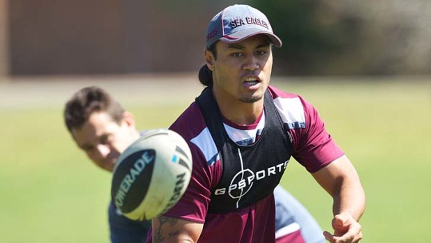 Tough ... Manly centre Steve Matai, who returns from suspension this week, goes through his paces at training yesterday.