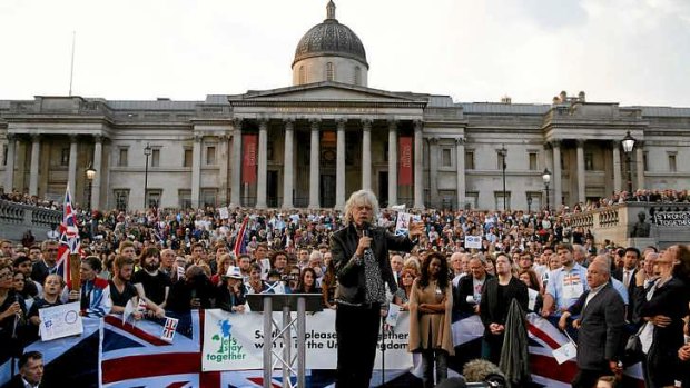 Sir Bob Geldof delivers a speech during a pro-union rally at Trafalgar square in central London.