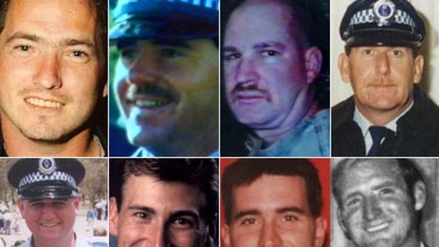 Police officers killed on duty ... (left to right) Matthew Potter, Robert Spears, Peter Addison, Jim Affleck, Glenn McEnally, Peter Forsyth, David Carty, Keith Alfred Haydon.