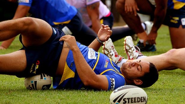 On a roll ... Jarryd Hayne stays nice and flexible as he gets set for Friday's blockbuster against Penrith.