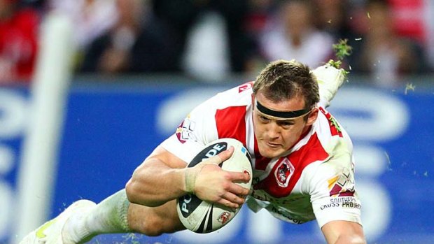 Something personal: Brett Morris of the Dragons broke his 830-minute drought with a try against the Roosters.