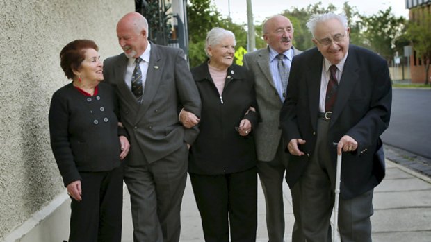 World War II survivors Rosa Krakowski, Doug Ogden, Verna Phillips, David Prince and Shmuel Rosenkranz.