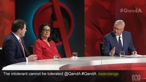 Tony Jones, right, directs the debate on extremists in society with Labor's Ed Husic and Nana Mouskouri.