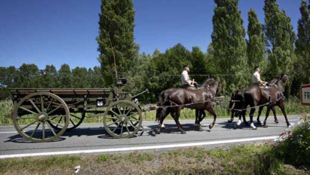 The wagon that is to carry the final soldier to his resting place during the dedication ceremony of the Fromelles Military Cemetery.