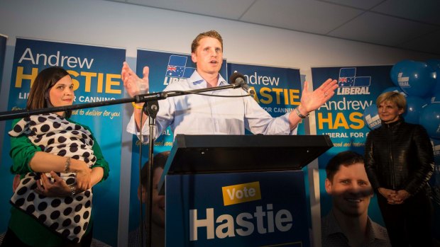 Andrew Hastie addresses the crowd at the Pinjarra Bowls Club.