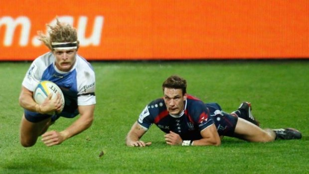 More meat: Nick Cummins dives over for a meat pie (try) against the Melbourne Rebels.