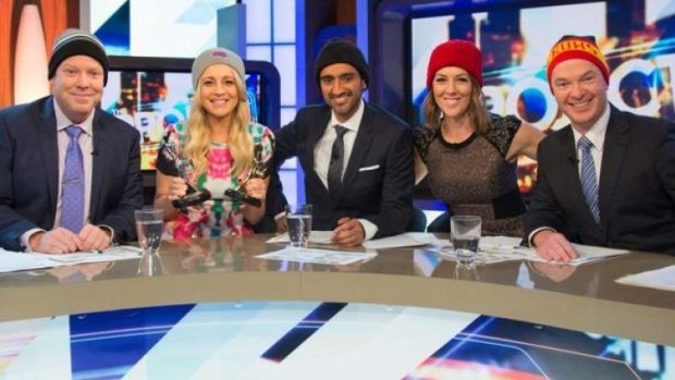 Hosts of The Project (from left) Peter Helliar, Carrie Bickmore, Waleed Aly and Gorgi Coghlan, with guest host Christopher Pyne.