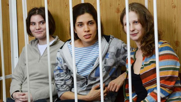 Pussy Riot ... the three detained band members Yekaterina Samutsevich, Nadezhda Tolokonnikova and Maria Alyokhina, from left.