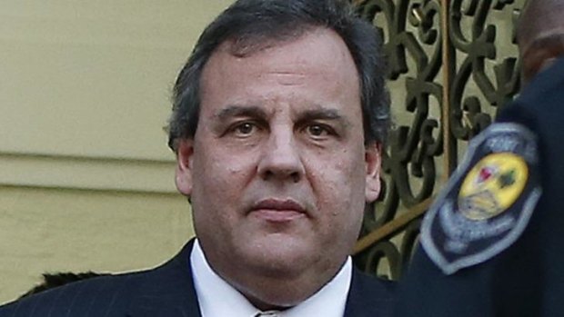 New Jersey Governor Chris Christie leaves City Hall in Fort Lee, New Jersey.