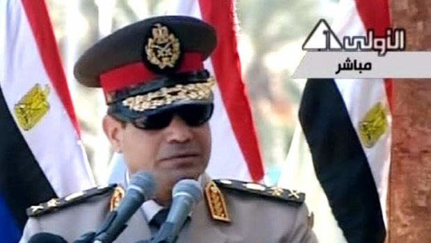 Egyptian Defence Minister General Abdel-Fattah el-Sissi delivers a speech calling on Egyptians to hold mass demonstrations against "violence" and "terrorism."