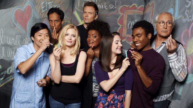 The cast of <i>Community</i>, including Chevy Chase (right).