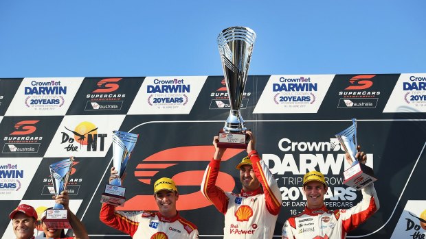 Podium standings (from left)  Scott McLaughlin, Fabian Coulthard, and Nick Percat in Darwin.