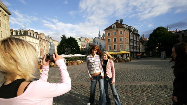 Posing for photos in Riga's Dome Square.
